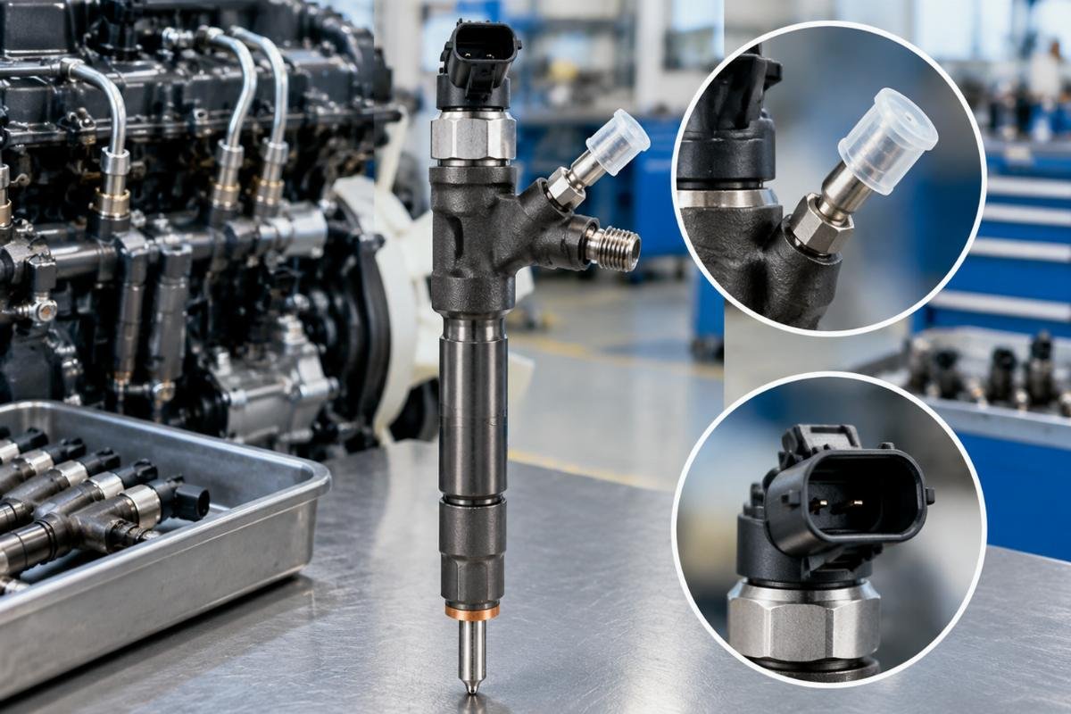 Fuel Injector for Kubota V3307-CR-TE4 showing return port orientation and solenoid connector type
