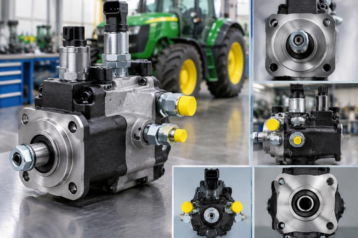 Fuel Pump RE68345 for John Deere showing port orientation and flange mounting pattern