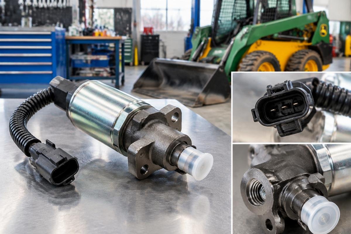 Fuel shut off solenoid AM124377 AM102863 connector and port detail for John Deere skid-steer loaders