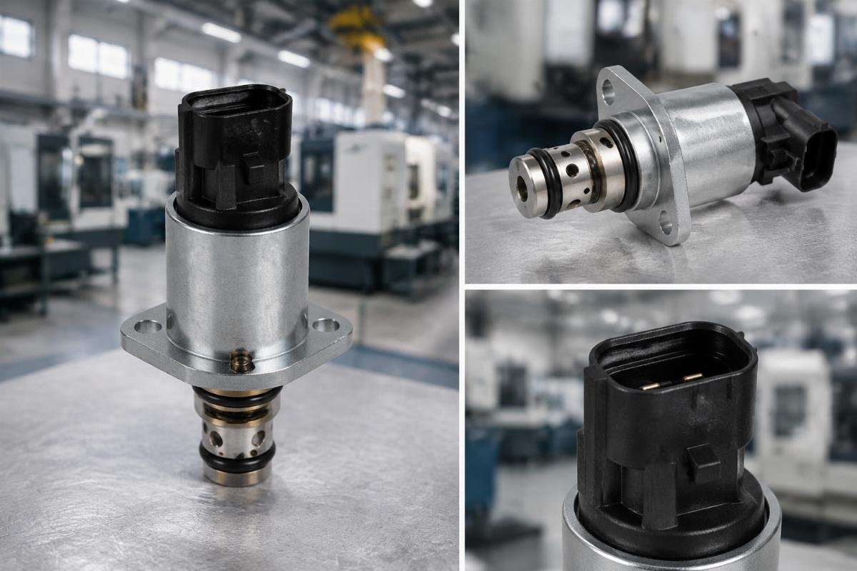 Fuel Shut-Off Solenoid AM882277 for John Deere 670 770 870 970 1070 cross reference showing mounting flange and connector detail
