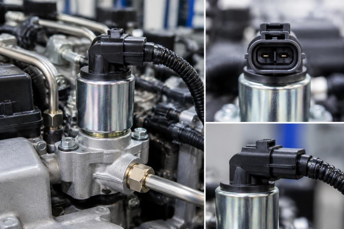 Fuel shut-off solenoid mounting and connector orientation detail