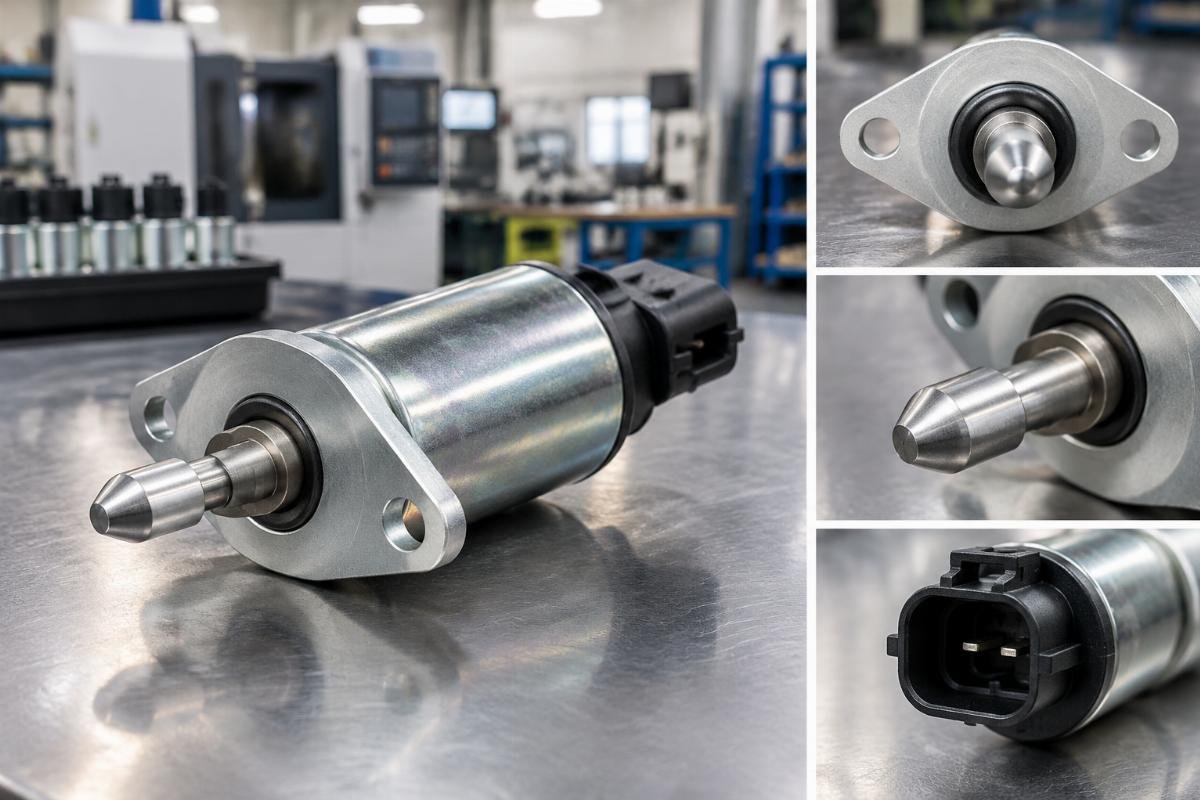 Fuel stop solenoid 16851-60014 showing mounting flange, plunger tip, and electrical connector orientation