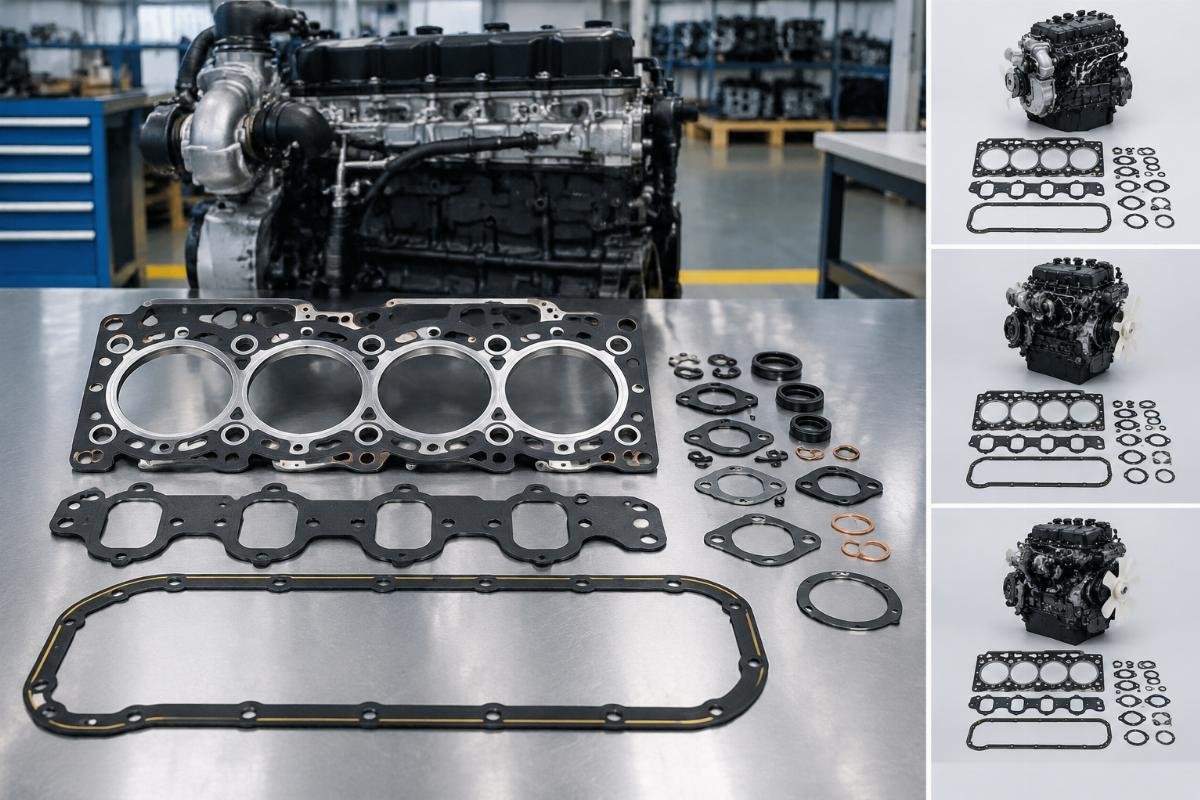 Full Gasket Kit for Kubota V3307 showing MLS cylinder head gasket, intake manifold gasket, and oil pan gasket arranged by engine variant