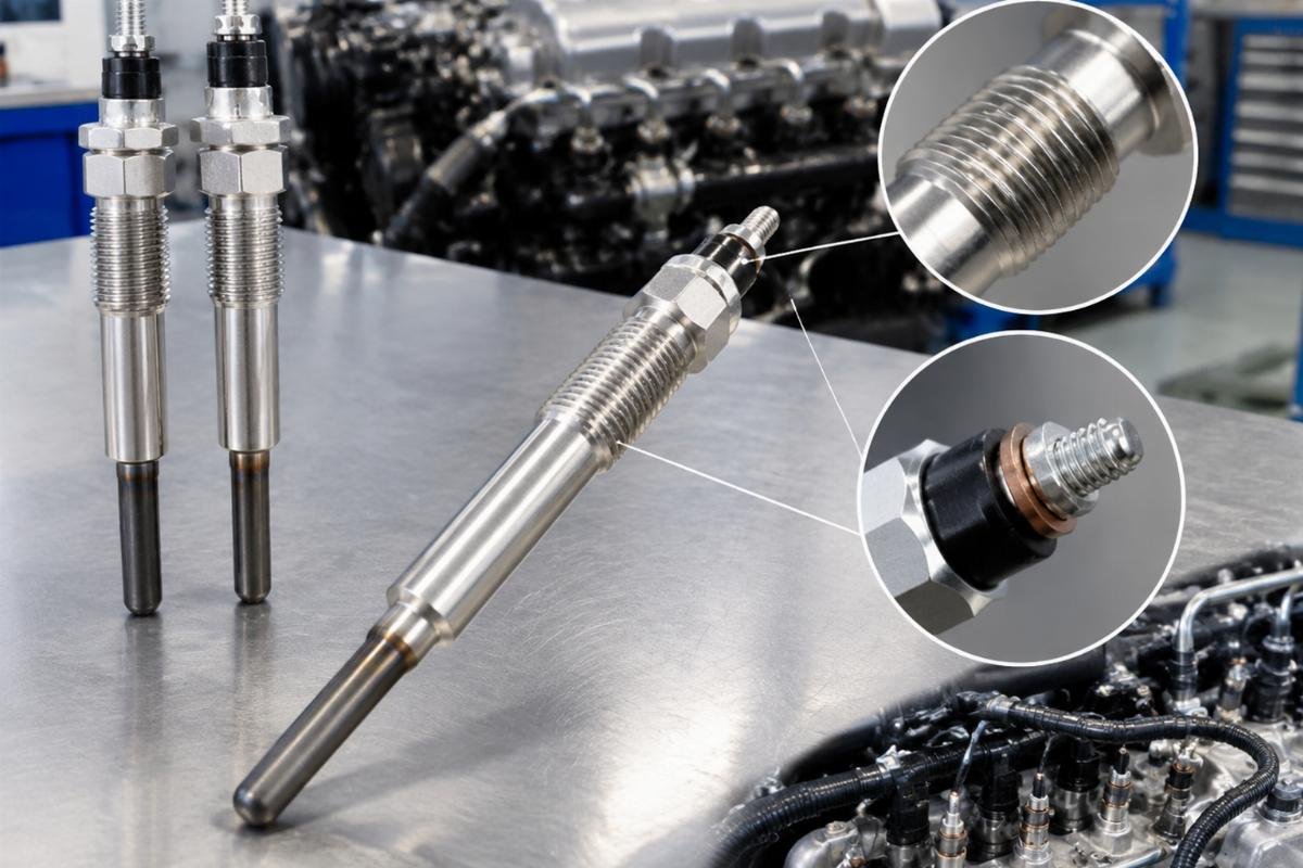 Glow Plug for Isuzu 4JJ1 4HK1 showing thread pitch and connector terminal detail