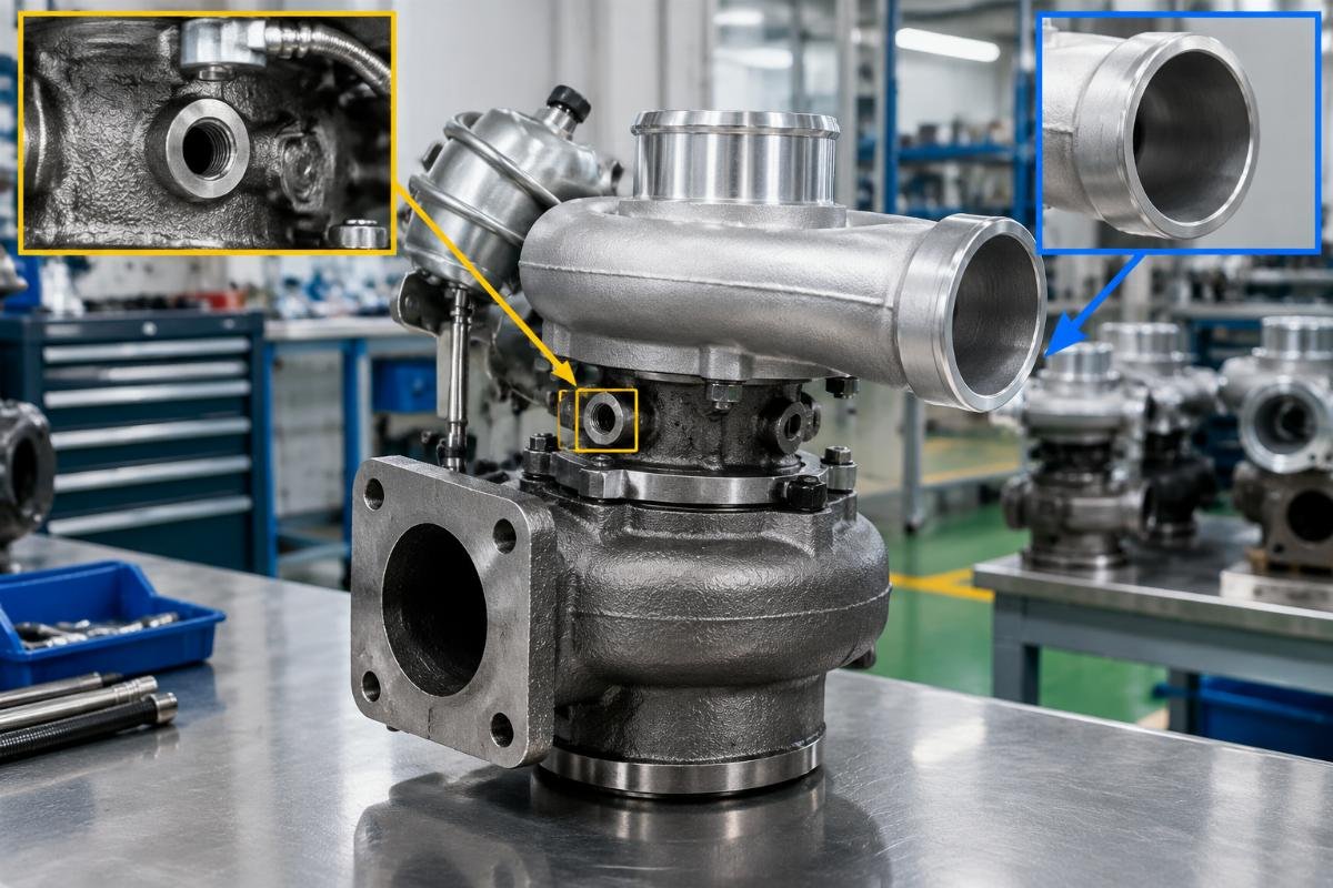 HT60 turbocharger 3804566 showing oil port position and compressor outlet orientation