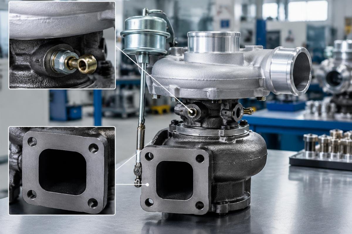 HX35W Turbocharger fitment detail showing oil port orientation and flange bolt pattern