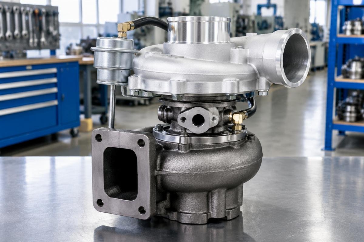 HX40 Turbocharger for Cummins 6BTA 5.9 showing turbine housing flange and oil port orientation