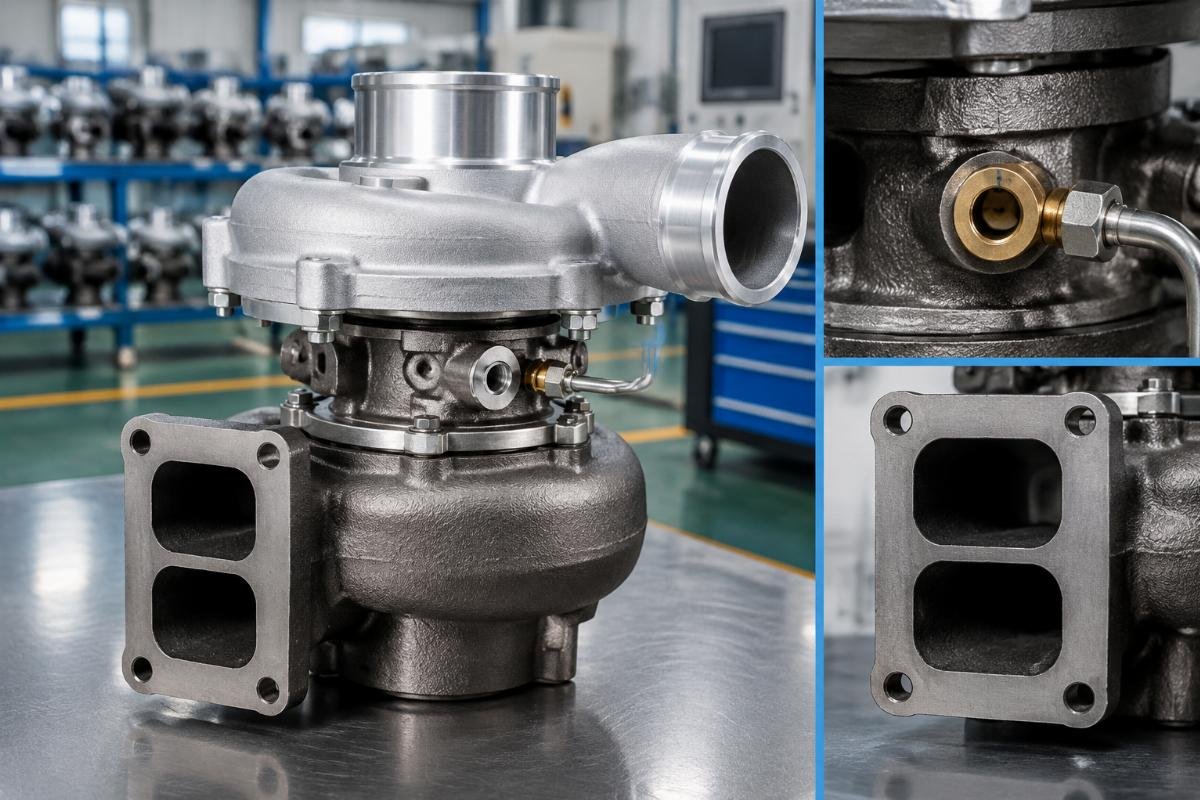 HX40W Turbocharger for Cummins QSL ISL ISC8.3 showing oil port orientation and mounting flange