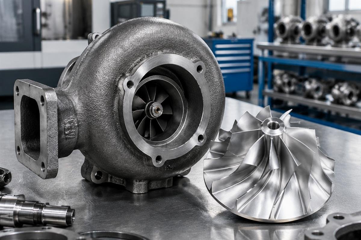 HX55 turbocharger turbine housing and compressor wheel detail