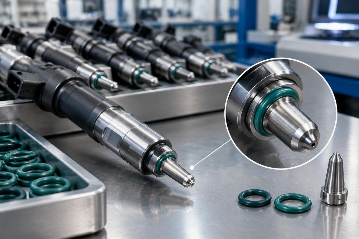 Injector nozzle tip and seal detail showing Viton O-ring and stainless steel tip
