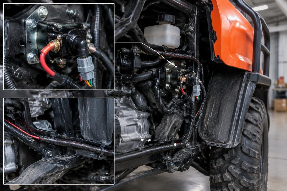 Kubota RTV900 stop solenoid mounting position and wiring harness routing detail