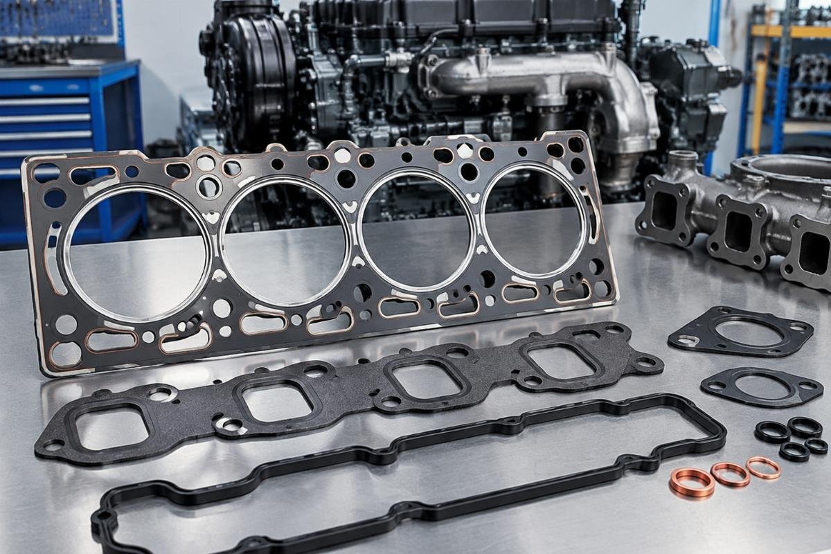 Overhaul Gasket Kit for Kubota V3307 showing cylinder head gasket MLS layers and manifold gasket profile