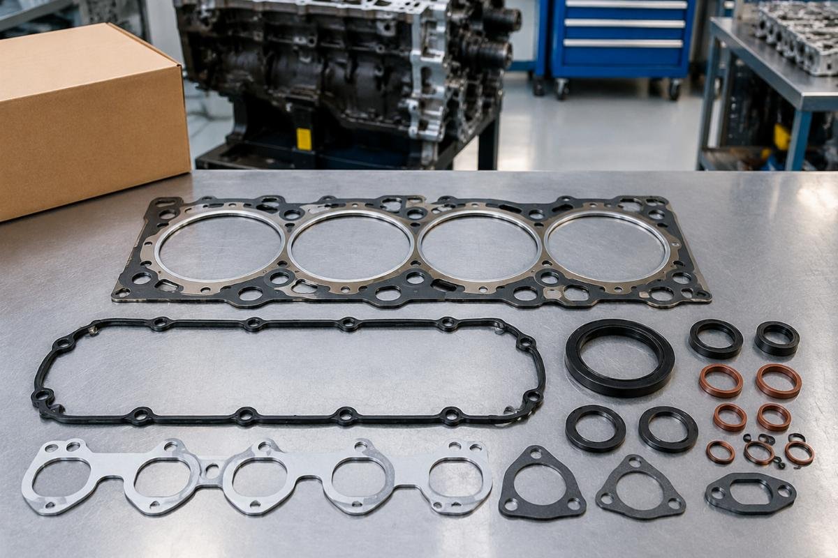 Overhaul Gasket Kit for Mitsubishi S4L S4L2 showing MLS head gasket and nitrile rubber seals laid out for fitment verification