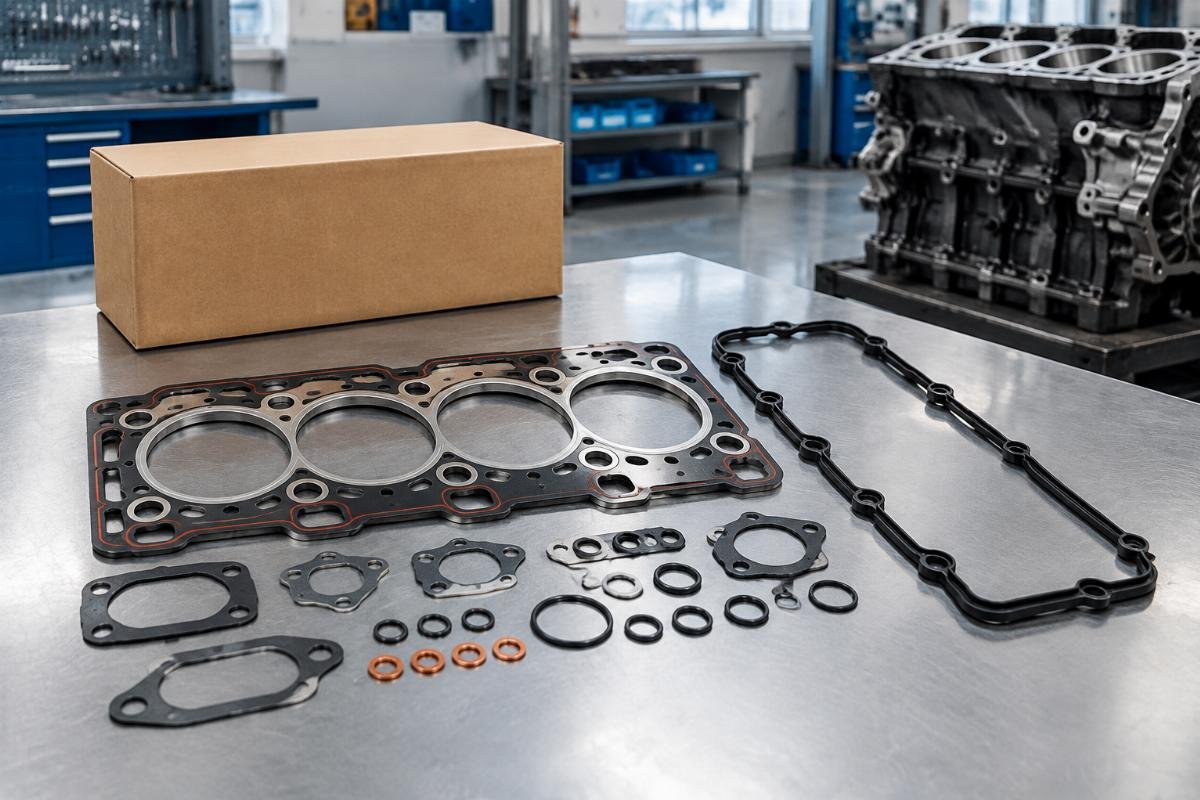 Overhaul Gasket Kit for Yanmar 3TNV80 3TNV80F showing MLS head gasket and NBR valve cover gasket laid out for variant comparison