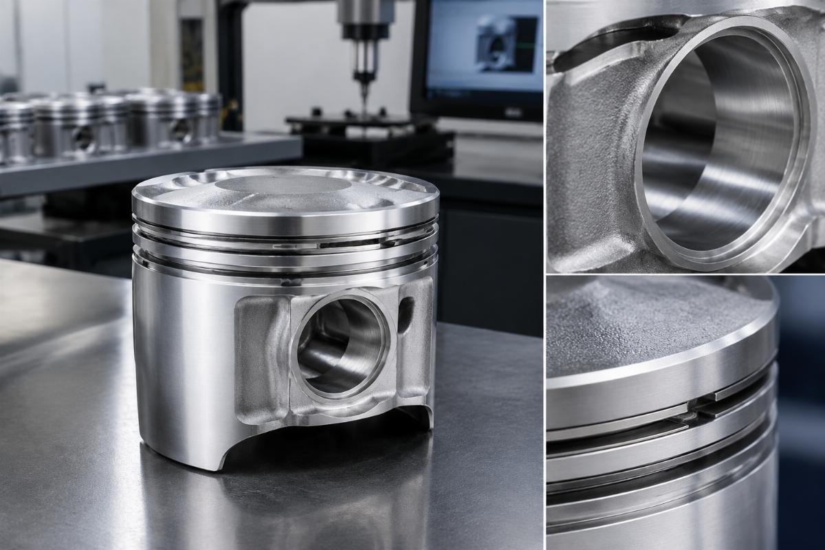 Piston pin bore surface finish and ring groove detail on Kubota D1105 piston