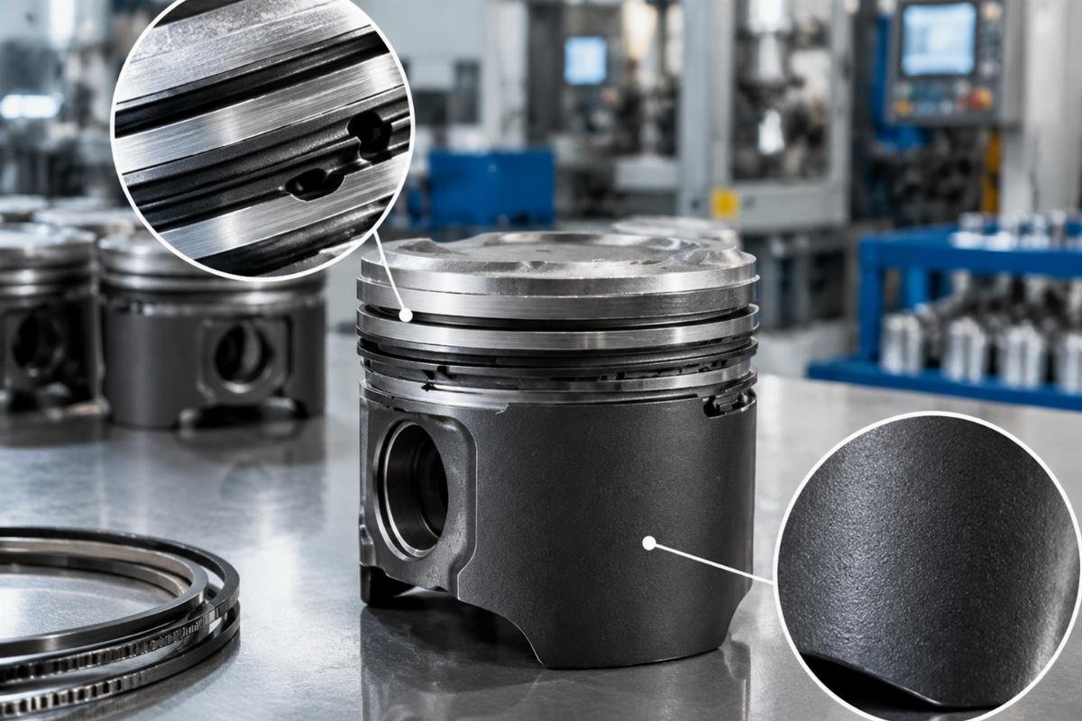 Piston ring groove detail and phosphate-coated skirt surface