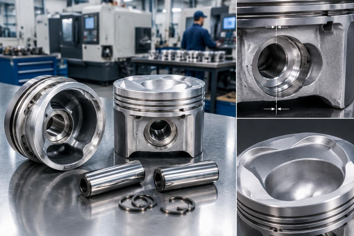 Piston set 16060-21114 showing pin bore offset and crown profile detail