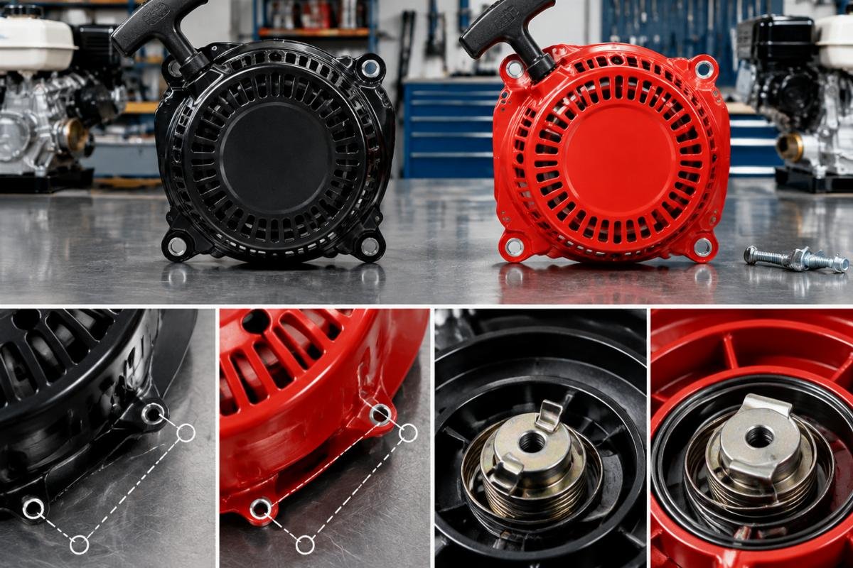 Recoil pull starter housing bolt pattern and spring anchor comparison