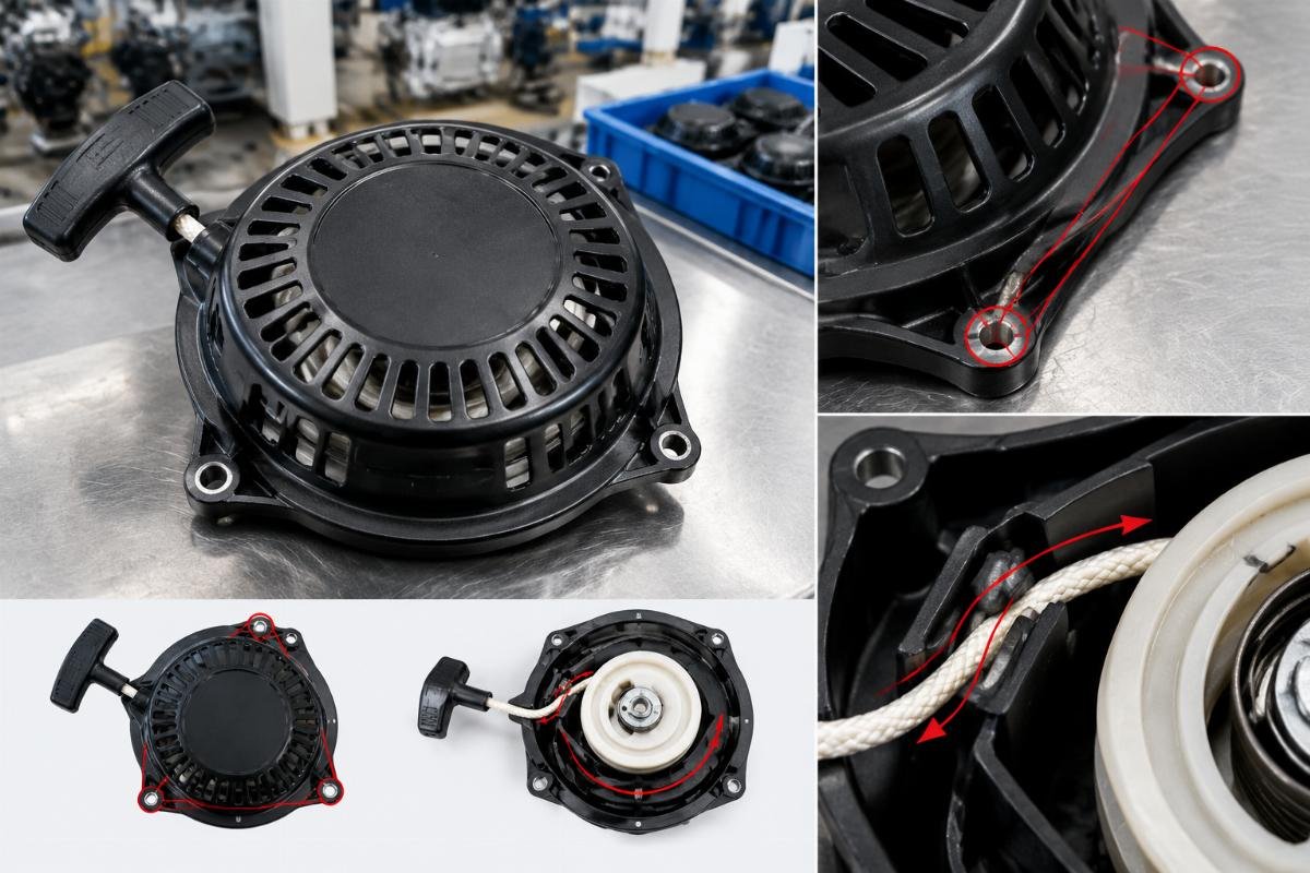 Recoil starter mounting bolt pattern and rope guide path detail