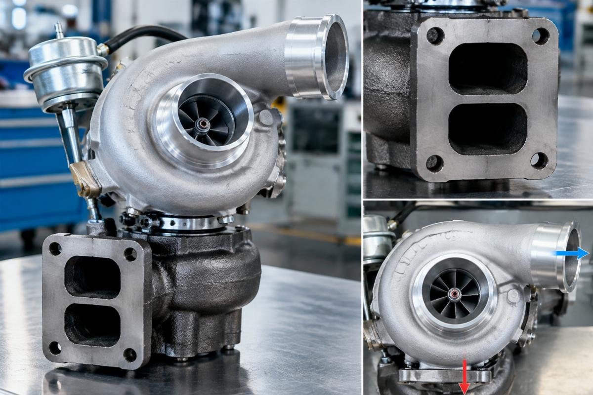 S200 turbocharger RE508719 flange pattern and port orientation detail