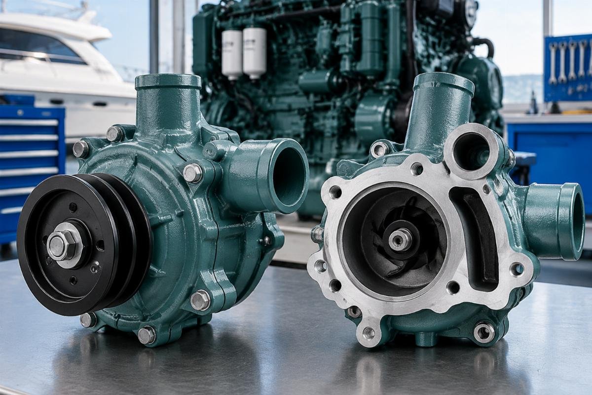 Sea Water Pump 21214599 for Volvo Penta marine engines showing mounting face and port configuration