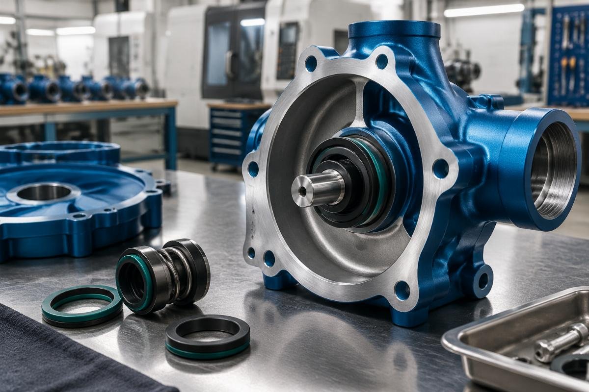 Sea Water Pump housing detail showing anodized aluminum surface and Viton shaft seal assembly