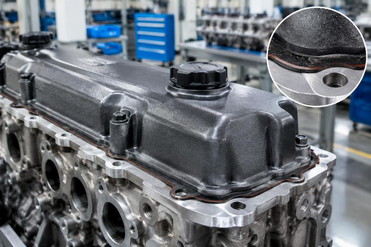 Sealing surface detail showing NBR fiber-reinforced gasket seated on Deutz 914 valve cover flange