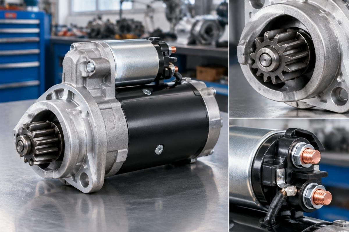 Starter Motor AT318141 fitment detail showing 15-tooth pinion gear and solenoid terminal layout
