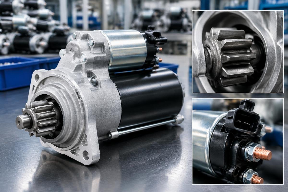 Starter motor gear tooth profile and solenoid connector detail