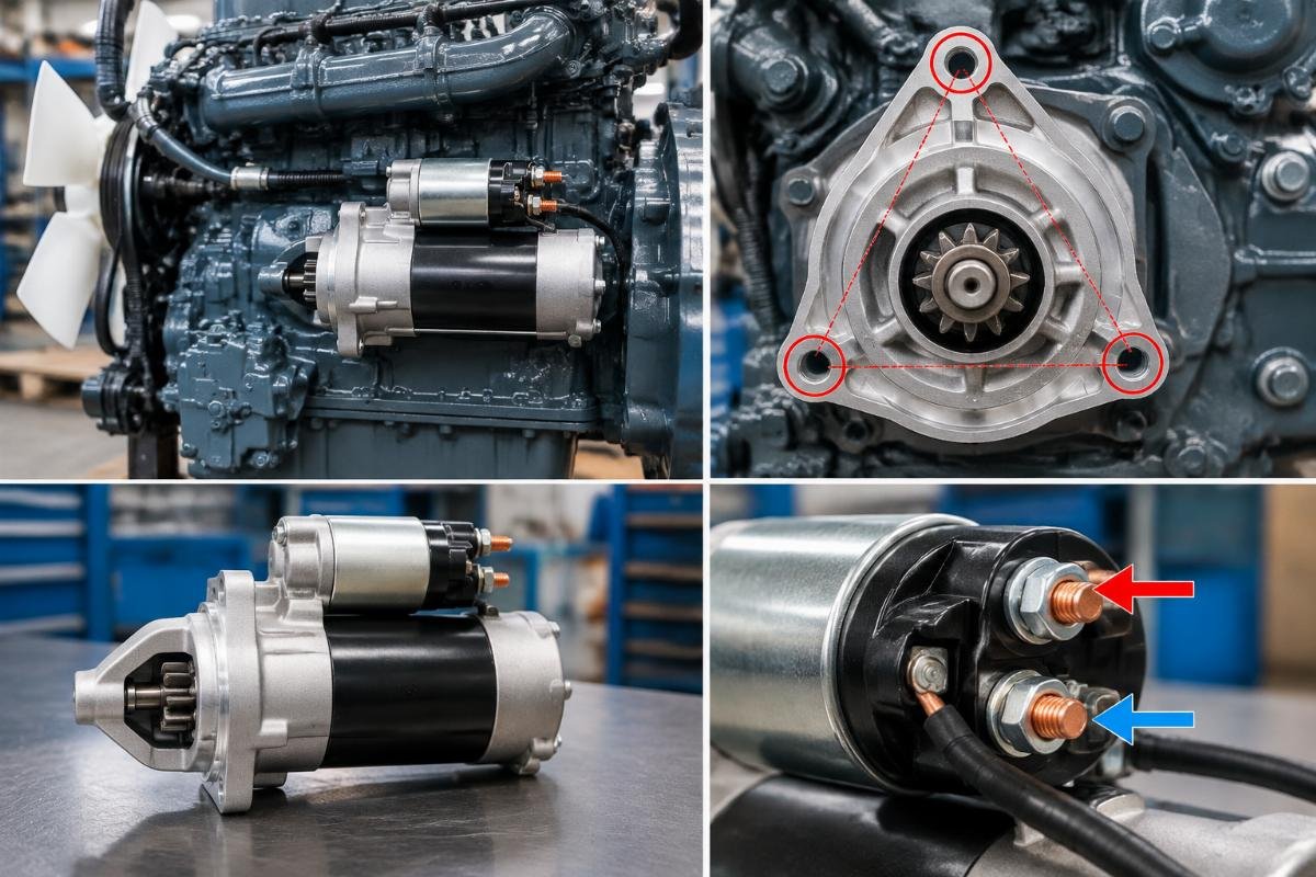 Starter motor mounting flange bolt pattern and solenoid terminal orientation for Kubota V3307 engine