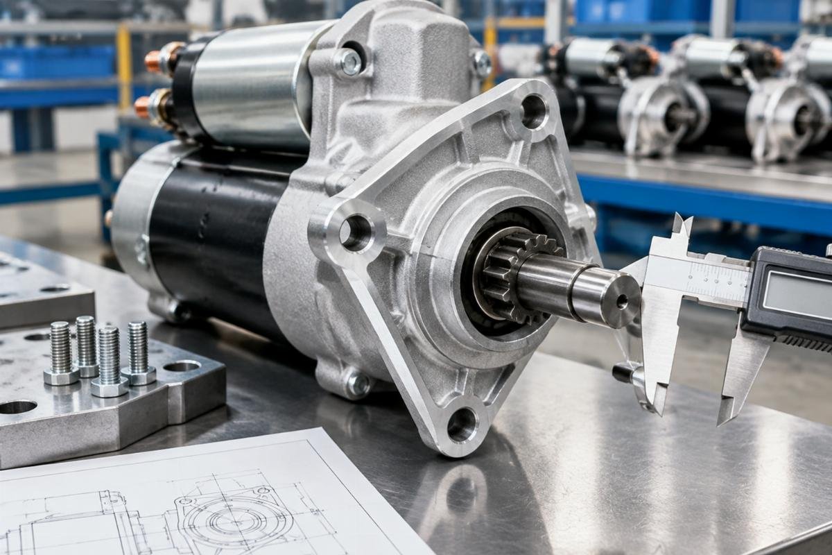 Starter motor mounting flange detail showing bolt pattern and shaft extension measurement points
