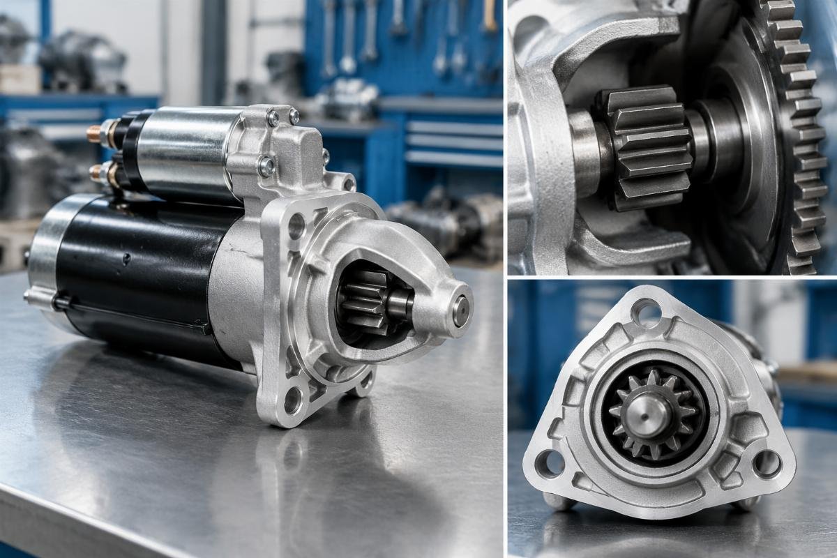 Starter motor pinion engagement and mounting hole pattern detail