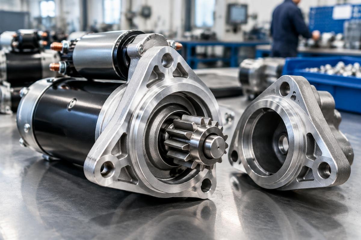 Starter motor pinion gear and mounting flange close-up