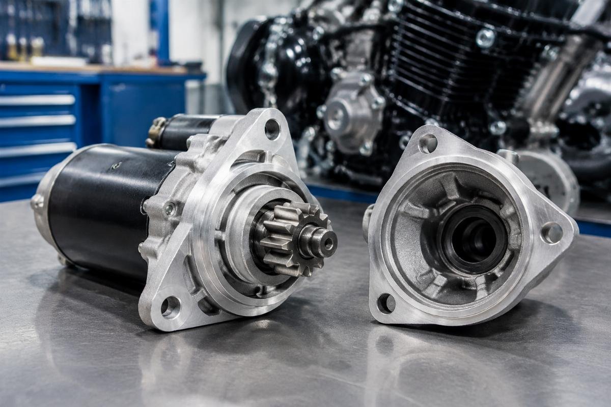 Starter motor pinion gear and mounting flange detail for Kawasaki FX engine fitment