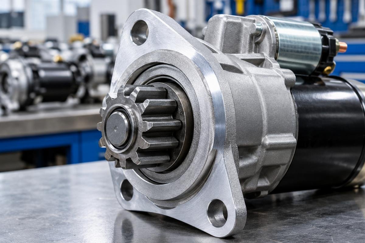 Starter motor pinion gear close-up showing 10T tooth profile and flange mounting holes