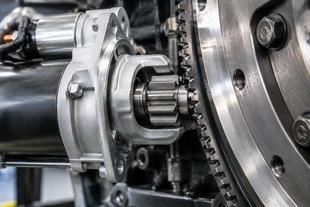 Starter motor pinion gear engagement with flywheel ring gear showing correct tooth mesh pattern