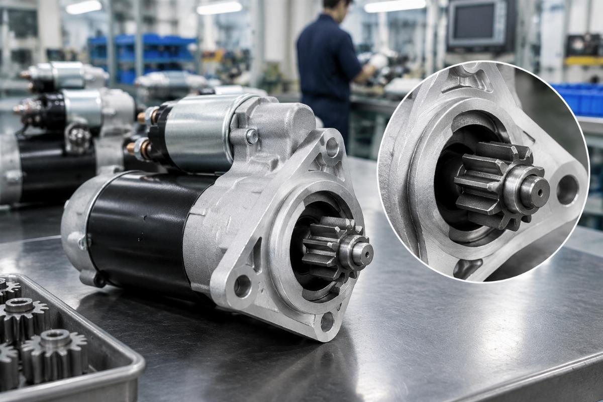 Starter motor pinion spline and mounting flange detail