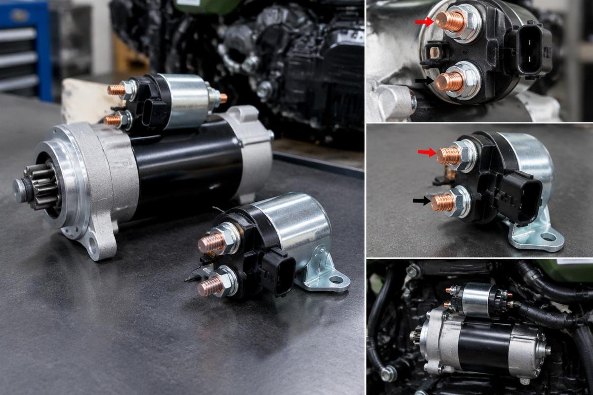 Starter motor terminal and solenoid connector orientation for Kawasaki FX engine