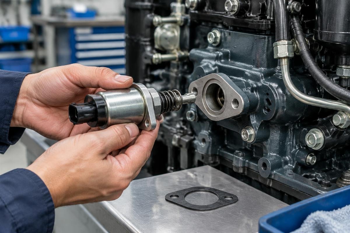Stop solenoid armature and sealing gasket fitment detail on Kubota 05-series engine