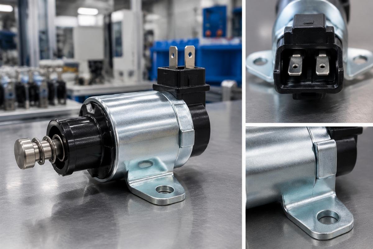 Stop Solenoid D610-B1V12 terminal configuration and mounting bracket detail