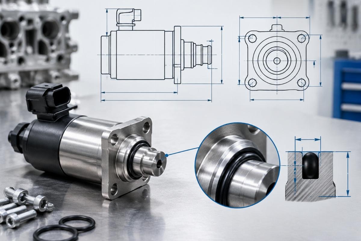 Stop solenoid dimensional diagram showing flange bolt pattern and O-ring groove detail