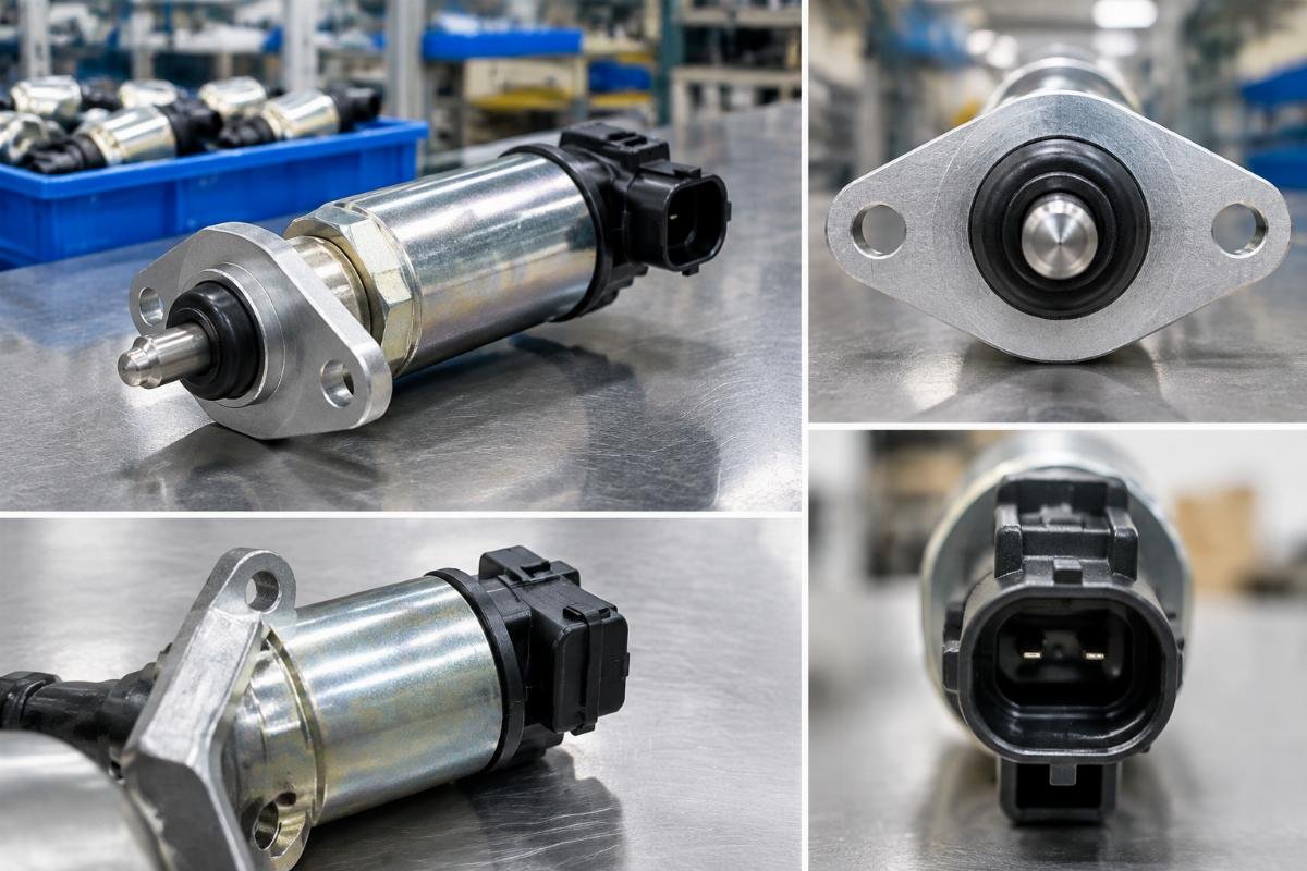 Stop solenoid mounting flange and connector orientation detail