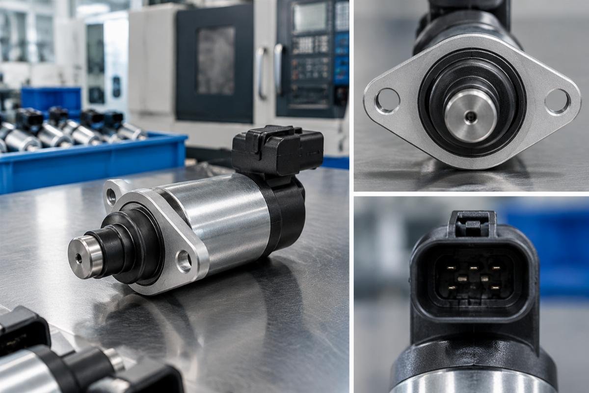 Stop solenoid mounting flange pattern and connector pin orientation detail