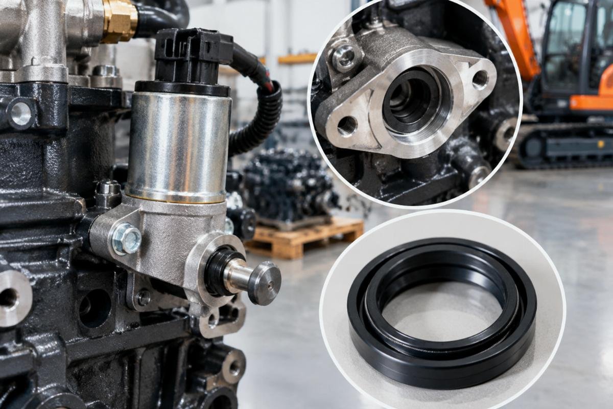 Stop solenoid mounting interface and dual-lip nitrile seal detail for Kubota compact excavator engines