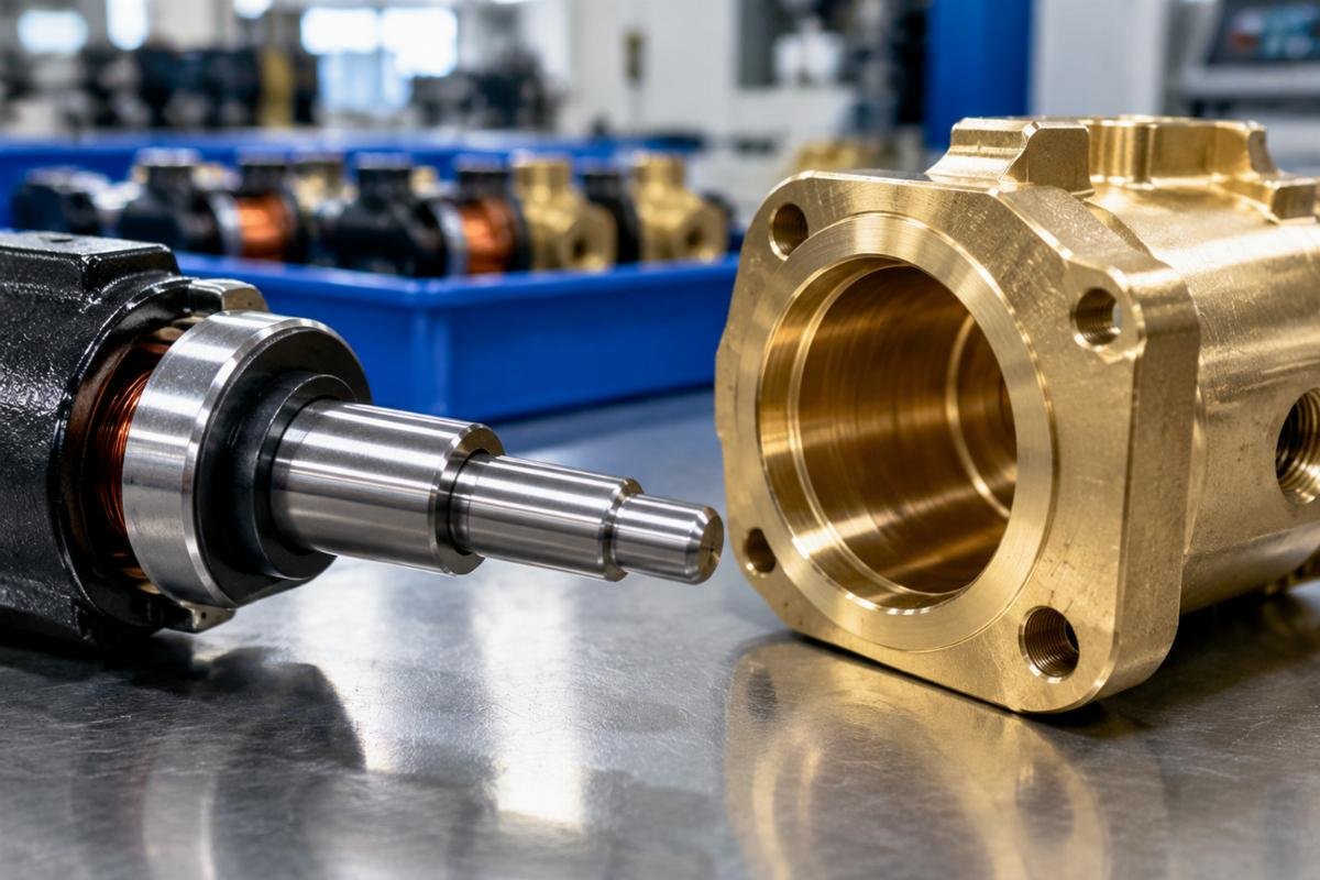 Stop solenoid plunger and brass housing bore close-up