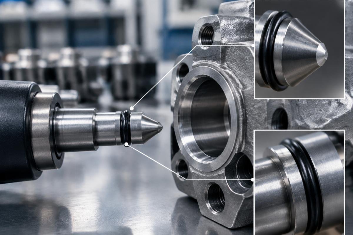 Stop solenoid plunger tip profile and O-ring groove detail against fuel body bore
