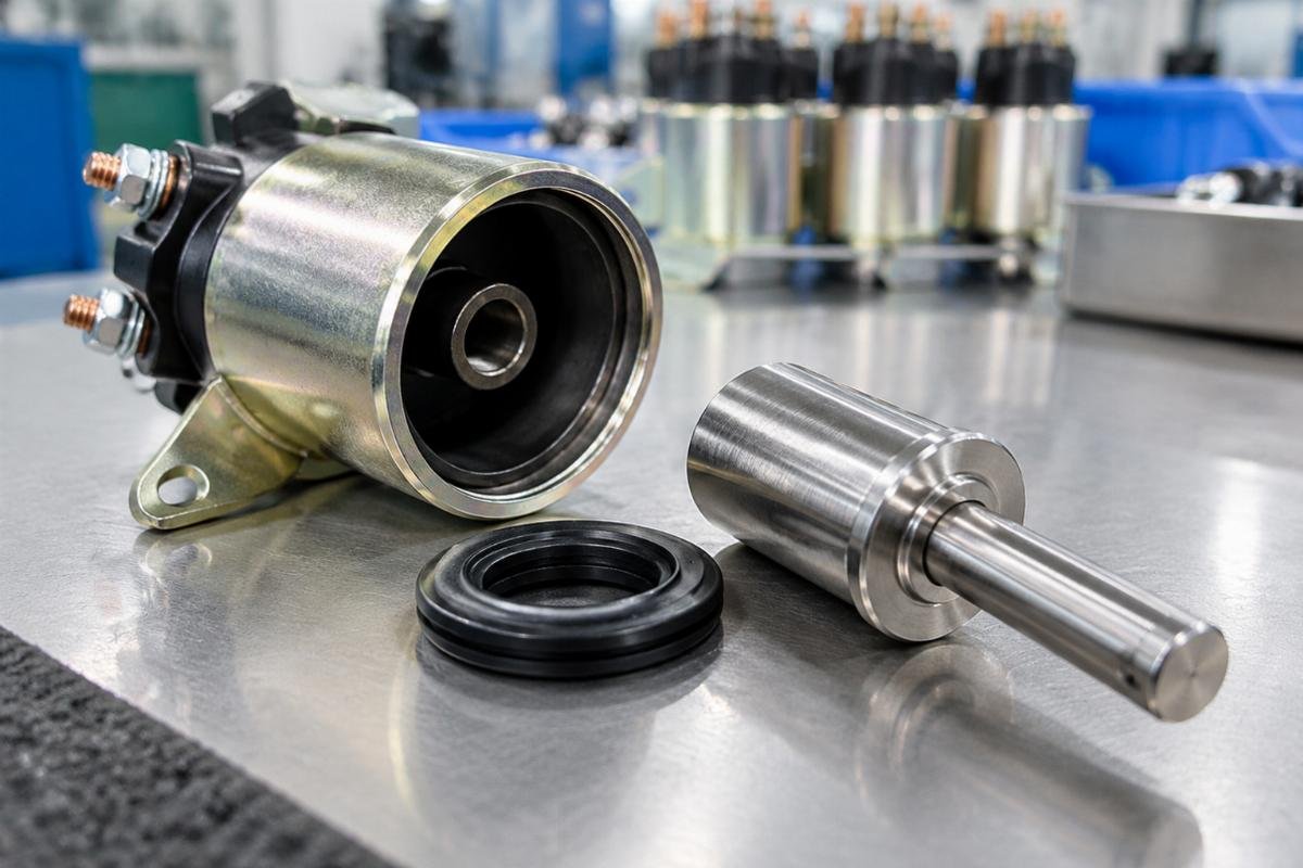 Stop solenoid Viton seal and stainless steel armature close-up for TK486 fitment verification