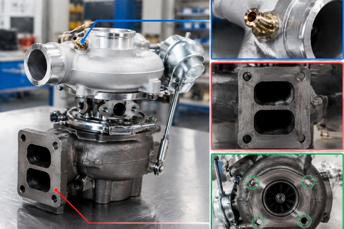 TD03 Turbocharger for Kubota V2003T and V2403-M-T showing oil port orientation and exhaust flange bolt pattern