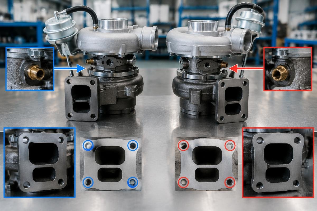 TD04HL turbocharger oil port orientation and flange bolt pattern comparison