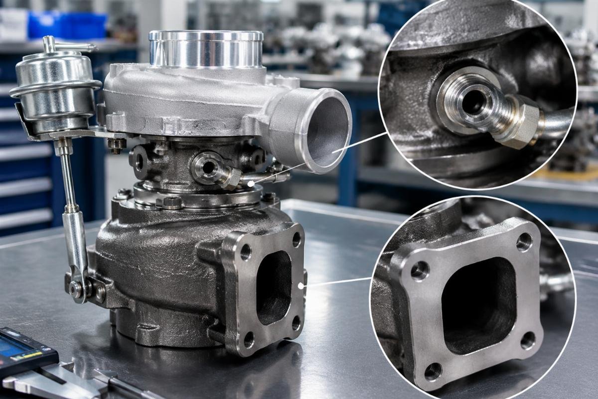 TD04L turbocharger oil port and mounting flange alignment detail
